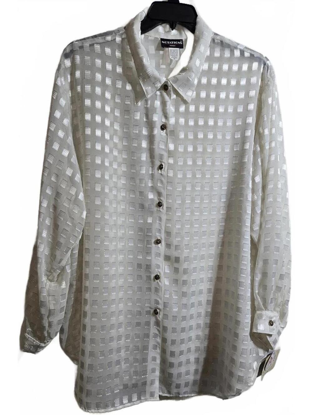 Notations White Button-Up Sheer Tunic with Square Pattern XL
